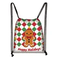 Christmas drawstring gift bag with gingerbread man pattern and Happy Holidays text - Gingerbread Man Grid (15)