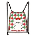 Christmas drawstring backpack with cute white bear print and festive red-green grid pattern - Bow Bear Diamond Grid (16)