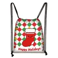 Christmas drawstring bag featuring a red festive sock pattern and Happy Holidays text - Smiley Christmas Sock Grid (17)