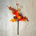 Detail of artificial autumn branch with orange maple leaves, mini pumpkin, and pine cone - Mini Pumpkin Pine Cone Style (WSJ0005)