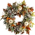 Dettaglio ghirlanda autunnale con foglie di acero, zucche bianche e bacche decorative - Stile Zucca Foglia Rossa Autunnale (WSJ0021) / 45cm