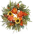 Close-up of autumn wreath featuring vibrant sunflowers, maple leaves, and berries - 45cm / Autumn Harvest Sunflower Style (WSJ0015)