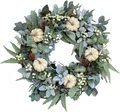 Ghirlanda autunnale con foglie verdi, mini zucche bianche e pigne naturali decorative - Stile Zucca Pigna Foglia Verde Chiaro (WSJ0022) / 45cm