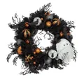 Halloween-Kranz mit schwarzen Zweigen, orangefarbenen Glitzerkugeln und Spitze-Gespenst - Geist Beeren Stil (WSJ001) / 40CM