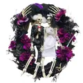 Halloween Kranz mit Skelett-Brautpaar, lila Kunstblumen und gruseligen Skeletthänden - Skelett Braut und Bräutigam Gothic Stil (WSJ012) / 40CM