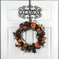 Halloween wreath with orange pumpkins and Go Away hook on white wooden door - Orange Black Pumpkin With Hook Style (WSJ010)