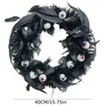 Black Halloween wreath with feathers and spooky eyeballs decoration, 40cm diameter - Black Feather Spooky Eyeball Style (WSJ017)