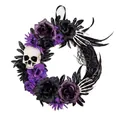 Halloween wreath with skull, black roses, and skeletal hands on dark gothic branch base - White Skull Skeleton Hands Purple Rose Style (WSJ019)