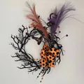Halloween Kranz mit schwarzen Zweigen, lila Federn, orangefarbener Schleife und Hexenhut - Orange Schleife Hexenhut Spinne Stil (WSJ014) / 40CM