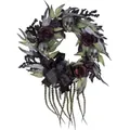 Halloween wreath with skulls, dark roses, black velvet bow and artificial branches decoration - Dark Purple Rose Skull Bow Style (WSJ016)