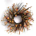 Gros plan détaillé d'une couronne d'automne avec fleurs jaunes et feuilles brunes - Base de Branches Style Rustique Jaune et Orange (B026)