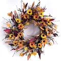 Détails d'une couronne d'automne avec tournesols, baies rouges et feuilles d'érable colorées - Style Tournesol Jaune et Baie Rouge (B021)