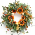 Grande ghirlanda autunnale con girasoli, zucche bianche, bacche e foglie di eucalipto - Stile Girasole Zucca / Grande