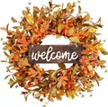 Artificial autumn harvest wreath with maple leaves, red berries and welcome sign - Autumn Welcome Sign Style