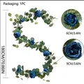 Blue roses and eucalyptus leaf artificial floral garland 180cm for wedding decor - Blue