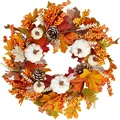 50cm Herbstkranz mit weißen Kürbissen, Zapfen und Ahornblättern für Halloween Deko - Groß / Weißer Kürbis Ahornblatt Beeren Kranz