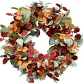 Artificial autumn wreath with lamb's ear leaves and berries for farmhouse home wall decor - Autumn Multicolor (Q01) / 45cm
