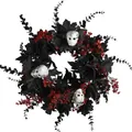 Halloween front door wreath with black maple leaves, roses, and white skulls on white backdrop - 45cm / Halloween Wreath