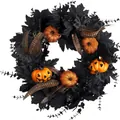 Στεφάνι Halloween με μαύρα φύλλα σφενδάμου, κολοκύθες με γκλίτερ και φαναράκια σε λευκό φόντο - Στυλ Κολοκύθα Φύλλο Σφενδάμου