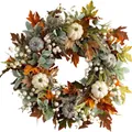 Couronne de récolte d'automne avec feuilles d'érable, citrouilles et baies pour décoration - Citrouille Gris-Blanc et Feuille d'Érable Vert Foncé (B016)