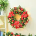 80CM PE mixed Christmas wreath with red poinsettia flowers and LED lights decoration - W24b Shangri-la Series Floral Wreath 60cm