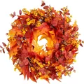 Fall wreath with maple leaves and yellow flowers for Thanksgiving and autumn front door decor - Round Style / Maple Leaf Style
