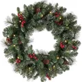 Christmas wreath with pine needles, red berries, cones and warm LED lights on white background - Berry Cedar Wreath / Large Style