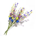 Detail von Osterdeko-Zweigen mit gesprenkelten Eiern und bunten Wildblumen-Akzenten - Mehrere Zweige / Lila