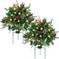 Outdoor Christmas tree pathway stakes with warm LED lights, red berries and pinecones - Mixed Pine Needles PE Style (No Light)