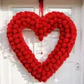 Valentine red heart plush pom-pom wreath with crystal pendant for indoor wall decoration - Standard Type / Red