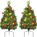 Set of two mini Christmas trees with LED lights, pine cones, red berries and ground stakes - Style (24.5 - No Light)