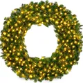 Corona de Navidad de PVC verde con luces LED amarillas cálidas sobre fondo blanco - Estilo Pequeño / Verde (C041)