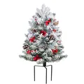 Mini artificial snowy Christmas tree with pine cones, red berries and metal ground stake - White Flocked Iron Frame Christmas Tree