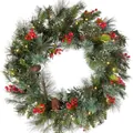 Christmas wreath with red berries pine cones and warm LED lights on a white background - C038 Pine Needles Red Berries Green Leaves Wreath / 50cm
