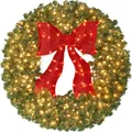 Corona de Navidad iluminada de 48 pulgadas con luces LED cálidas y gran lazo de lentejuelas rojas - Corona con Lazo Grande / 90cm