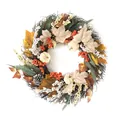 Autumn harvest wreath with white pumpkins, maple leaves, and orange berries on white background - White Berry Pumpkin Style