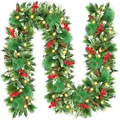 Christmas pine needle garland with red berries, pinecones, and warm white LED lights - Pine Needle Berry Pinecone Snow Vine (C053)