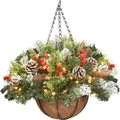 Cesta de Navidad colgante con agujas de pino, piñas, bayas rojas y luces LED cálidas - 45cm / Árbol de Navidad Cesta Colgante