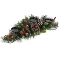 Christmas candle holder centerpiece with pine needles, red berries and 3 candle cups - 80cm / Christmas Pine Needle Candle Holder Ornament