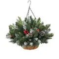 Weihnachts-Hängekorb mit beschneiten Kiefernzweigen, roten Beeren und Tannenzapfen - Weihnachts-Hängekorb mit roten Beeren und Kiefernadeln (C044-1)