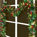 Christmas garland with pine cones, red berries and LED lights on a white window frame - Pine Needle White Pine Cone Garland Decor (C056)
