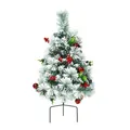 Mini green Christmas tree with white flocking, red berries, cones and metal stand - Snow Flocked Ground Plug Christmas Tree