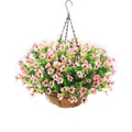 Detail of pink artificial flowers with green leaves in a coconut fiber hanging basket - 45cm / Pink (A043-7)