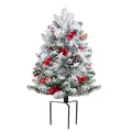Albero di Natale innevato da 60cm con bacche rosse, pigne e supporto in metallo a treppiede - Albero Floccato Bacche Rosse con Picchetto (C045)