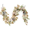 1.8m Autumn garland with white pumpkins maple leaves and striped bows for harvest decor - Striped Bow White Pumpkin Vine Style