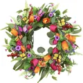 Vibrant artificial tulip wreath with red berries, eucalyptus leaves and butterflies - A081 Tulip Butterfly Wreath