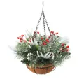 Weihnachts-Hängeampel mit frostigen Kiefernzweigen roten Beeren und Tannenzapfen - Weihnachts-Hängekorb mit roten Beeren und Kiefernadeln (C044-2)