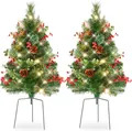 Pair of 60cm tabletop mini Christmas trees with red berries, pine cones and LED lights - Style (24.5 - No Light)