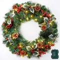 Christmas wreath with green pine needles, red berries, pine cones and warm LED lights - 40CM / Green Leaves Red Berries (No Light)