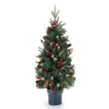 Detail of 90cm potted Christmas tree with snow-flocked needles, red berries and pine cones - Large Potted Christmas Tree